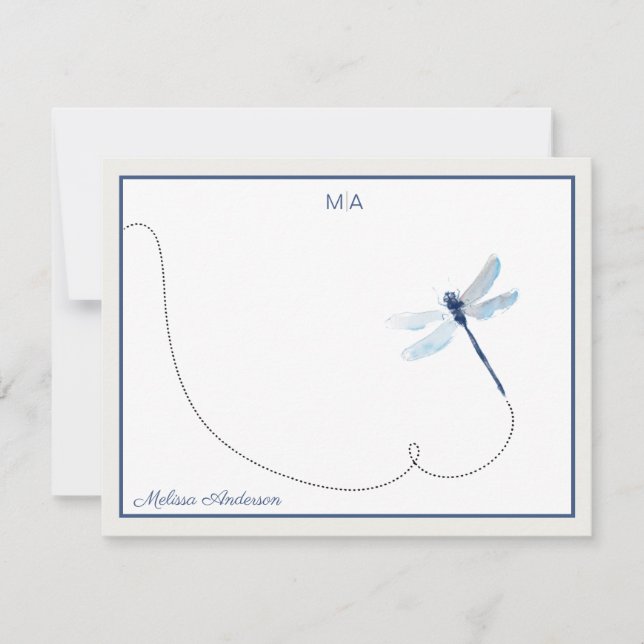 Carte De Correspondance Blue Dreagonfly in Flight Monogramme Nom (Devant)