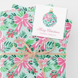Carte De Correspondance Boîtier d'ornement de Noël rose et vert Preppy