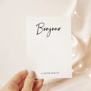 Carte De Correspondance Bonjour Élégant script français noir et blanc