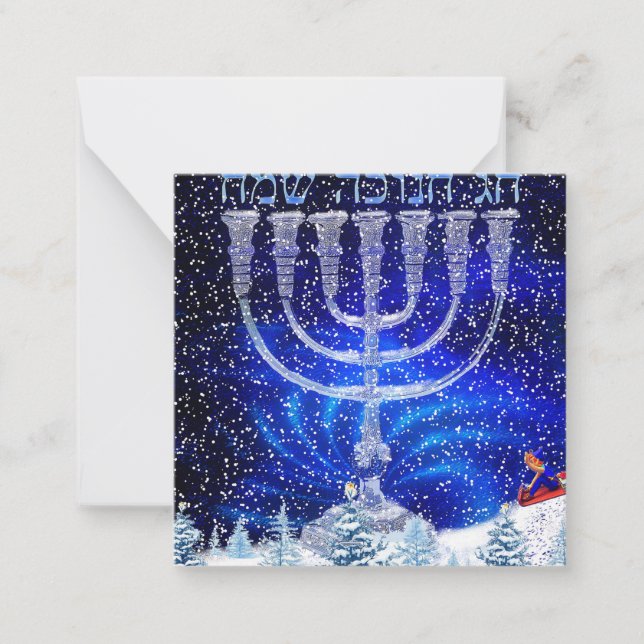 Carte De Correspondance Bonne Hanoukka Neige & Menorah (Devant)
