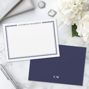 Carte De Correspondance Bordure Bleu Marine Monogramme Minimaliste
