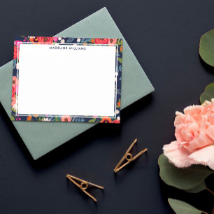 Carte De Correspondance Bordure florale bohème rose orange marine avec nom