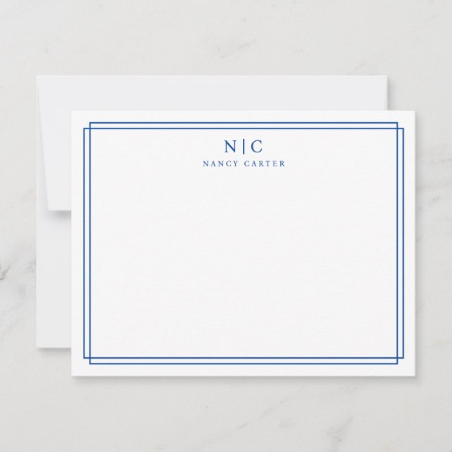 Carte De Correspondance Bordure géométrique Monogramme bleu marine (Devant)