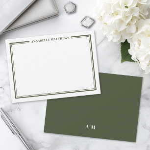 Carte De Correspondance Bordure Vert Olive Minimaliste Monogramme de Nom
