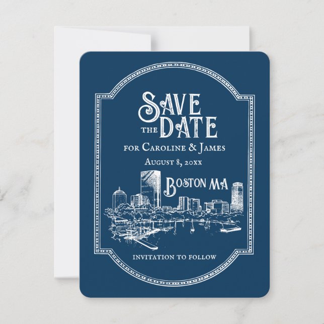 Carte De Correspondance Boston Blue Personnalisé Enregistrer la date (Devant)