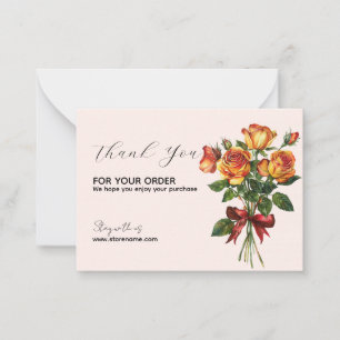 Carte De Correspondance Bouquet de roses dorées avec ruban rouge Merci