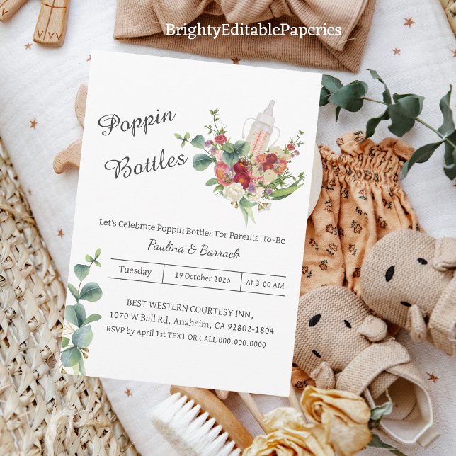 Carte De Correspondance Bouteilles Eucalyptus Poppin Baby shower Invitatio (Créateur téléchargé)