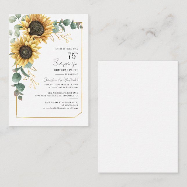Carte De Correspondance Budget 75e anniversaire Sunflower Eucalyptus Party (Devant / Derrière)