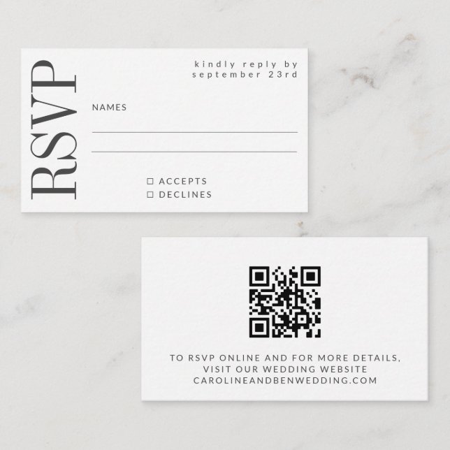 Carte De Correspondance Budget Bold Noir Blanc RSVP QR Code Site Web (Devant / Derrière)