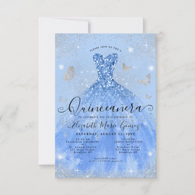 Carte De Correspondance Budget Dusty Blue Silver Parties scintillant Gown  (Devant)