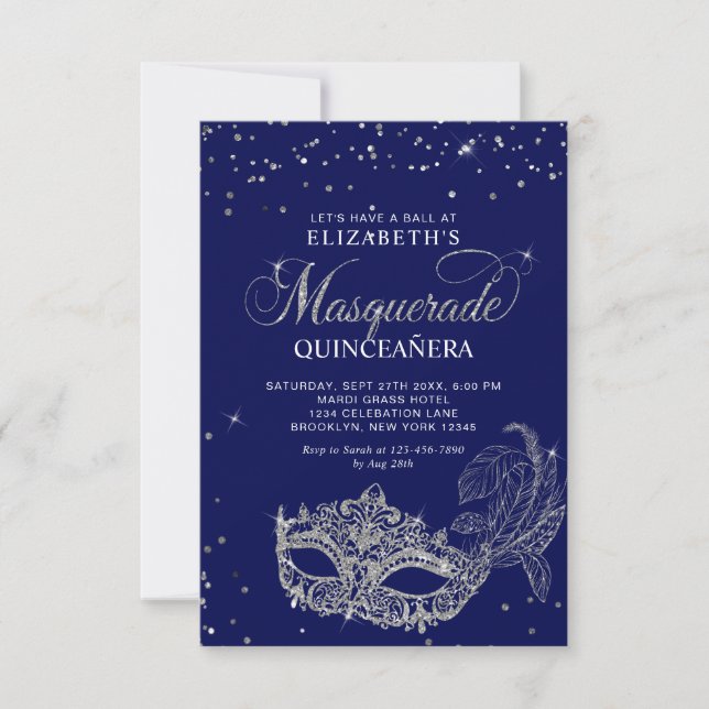 Carte De Correspondance BUDGET Elégant bleu argent Masquerade Quinceañera (Devant)
