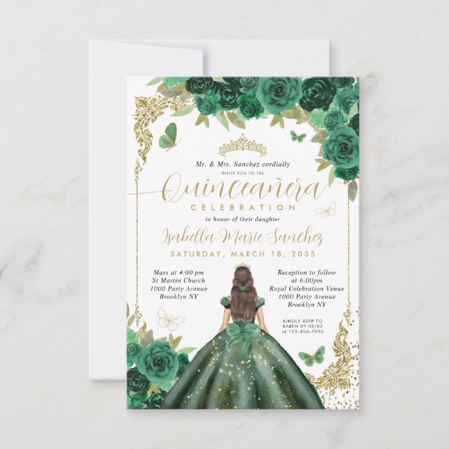 Carte De Correspondance Budget Emerald Green Gold Princess Quinceañera (Devant)