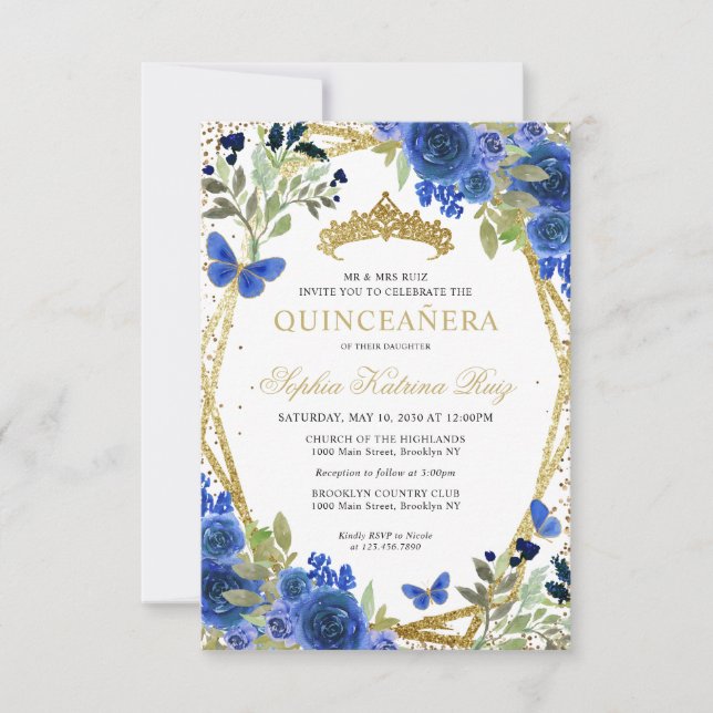 Carte De Correspondance Budget Floral Blue Gold Tiara Quinceañera Invitati (Devant)