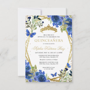 Carte De Correspondance Budget Floral Blue Gold Tiara Quinceañera Invitati