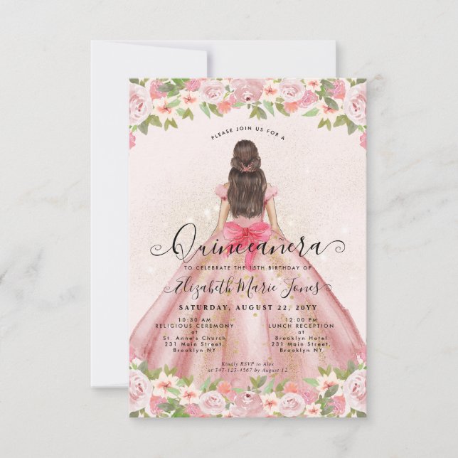 Carte De Correspondance Budget Floral Blush Or Rose Princesse Quinceanera (Devant)