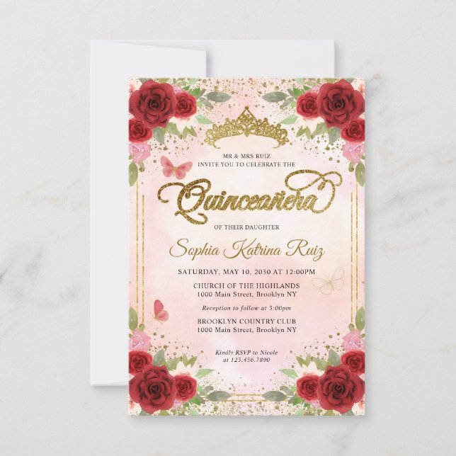 Carte De Correspondance Budget Floral Bourgogne rose or Couronne Quinceañe (Devant)