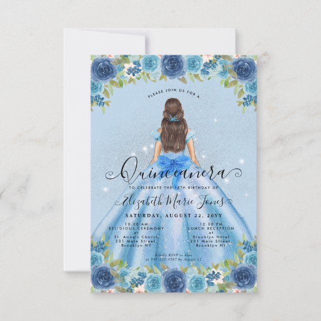 Carte De Correspondance Budget Floral Dusty Blue Glam Princesse Quinceaner (Devant)