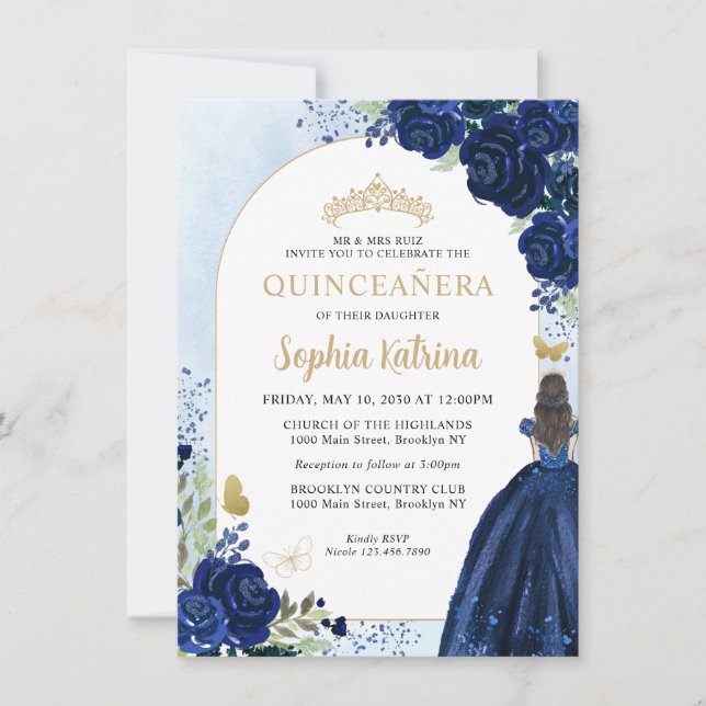 Carte De Correspondance Budget Floral Marine Blue Gold Princess Quinceaner (Devant)