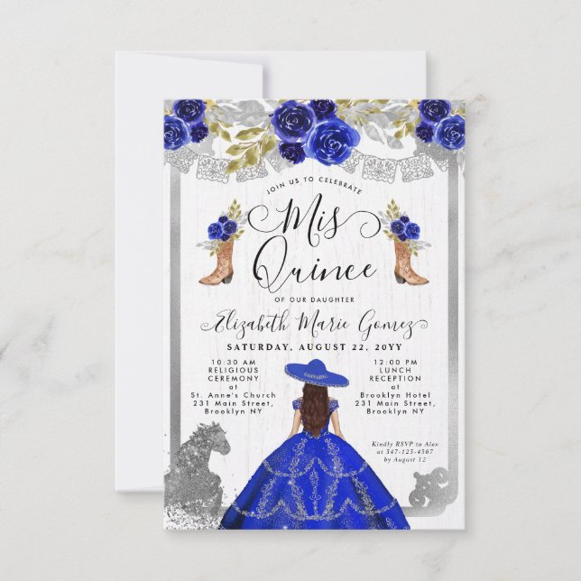 Carte De Correspondance Budget Floral Royal Bleu Argent Charra Quinceanera (Devant)
