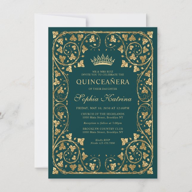 Carte De Correspondance Budget Glam Emerald Gold Tiara Quinceanera (Devant)