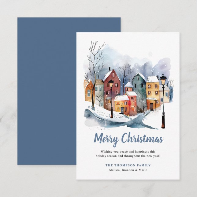 Carte De Correspondance BUDGET Hiver Aquarelle Maisons Bleu Noël (Devant / Derrière)