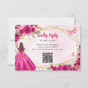Carte De Correspondance Budget Magenta Rose or Floral Princesse QR RSVP