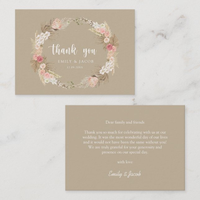 Carte De Correspondance Budget mariage Boho fleurie couronne merci (Devant / Derrière)