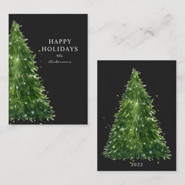 Carte De Correspondance budget minimum aquarelle Noël arbres vacances (Devant / Derrière)