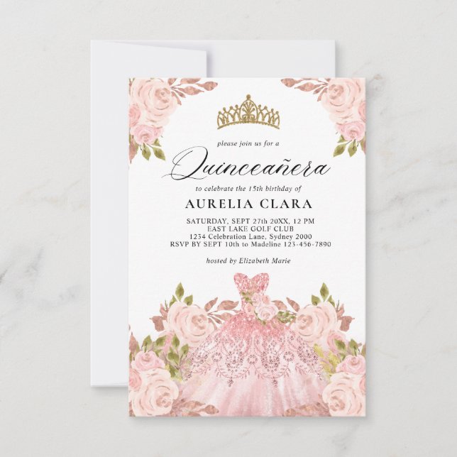 Carte De Correspondance BUDGET Rosegold Robe rose Floral 15e Quinceañera (Devant)