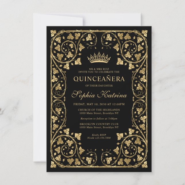 Carte De Correspondance Budget Vintage Glam Noir Tiara Quinceanera (Devant)