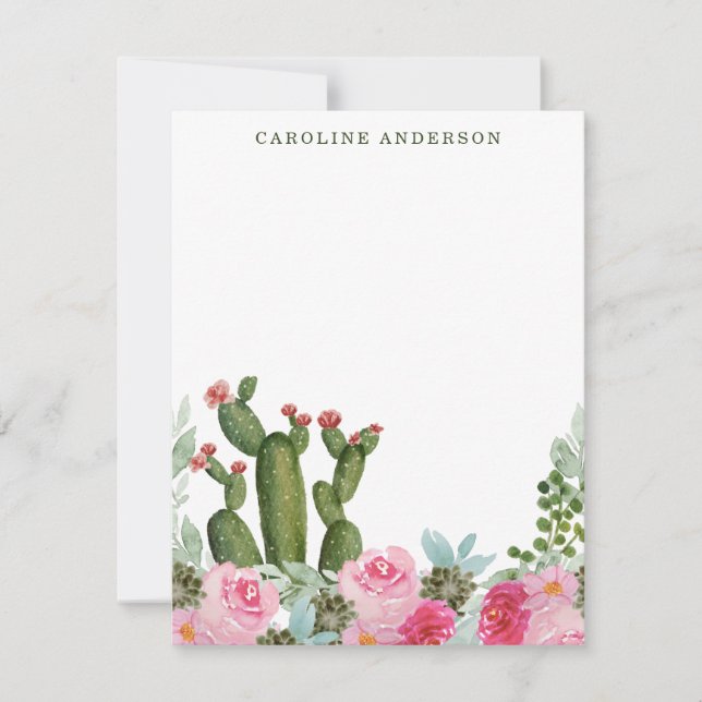 Carte De Correspondance Cactus aquarelle et Fleurs roses Personnalisées (Devant)