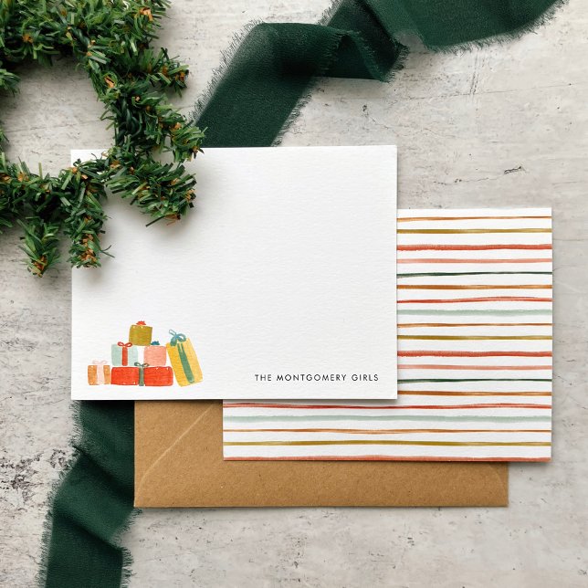 Carte De Correspondance Cadeaux de Noël à l'aquarelle moderne budget Fêtes (Watercolor Christmas presents note cards with colorful stripes on the back. Great budget gift idea!)
