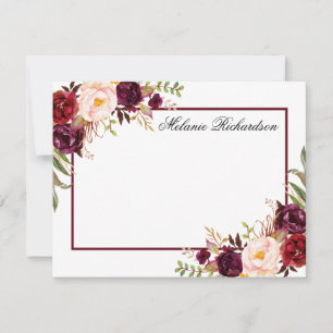 Carte De Correspondance Cadre floral bordeaux aquarelleux personnalisé
