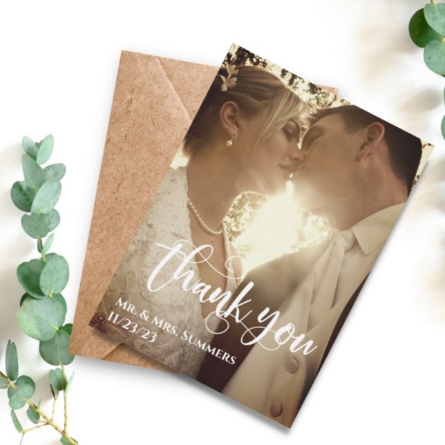Carte De Correspondance Calligraphie moderne Photo Mariage Budget Merci (Créateur téléchargé)