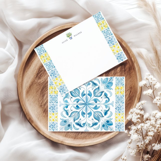 Carte De Correspondance Carreaux bleu citron méditerranéen (Créateur téléchargé)