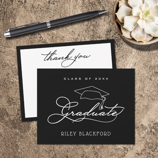 Carte De Correspondance Casquette diplômé Merci noir (Graduate Hat Black Flat Thank You Note Cards)