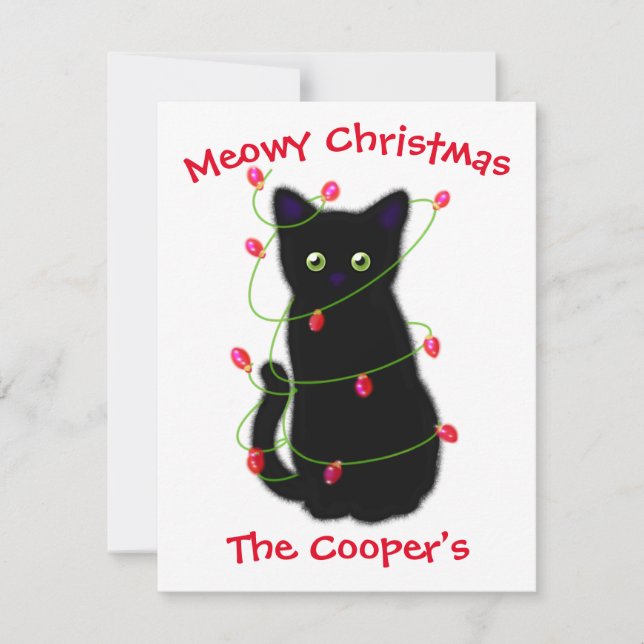 Carte De Correspondance chat noir | Meowy Christmas | lumières scintillant (Devant)