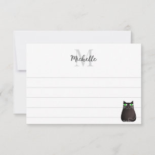 Carte De Correspondance Chat noir mignon Monogramme personnalisé ligné