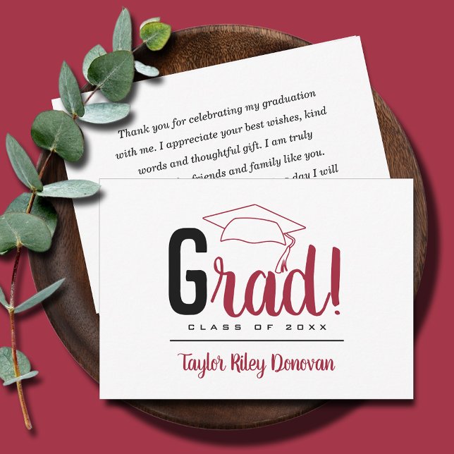 Carte De Correspondance Chic Black et Crimson Red Grad Casquette gradué (3.5" x 5" black and crimson red Grad and graduation cap flat note cards, your message on the back)