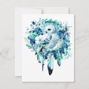 Carte De Correspondance Chouette à neige Dreamcatcher Vert et bleu Turquoi