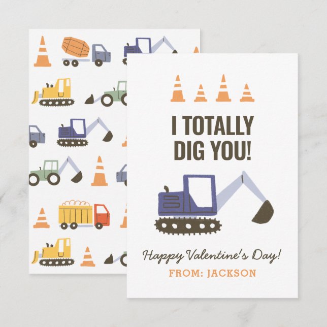 Carte De Correspondance Construction Excavateur Enfants Classe Valentine (Devant / Derrière)