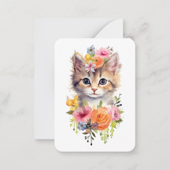 Carte De Correspondance Cute Aquarelle Chat avec Fleurs (Devant)