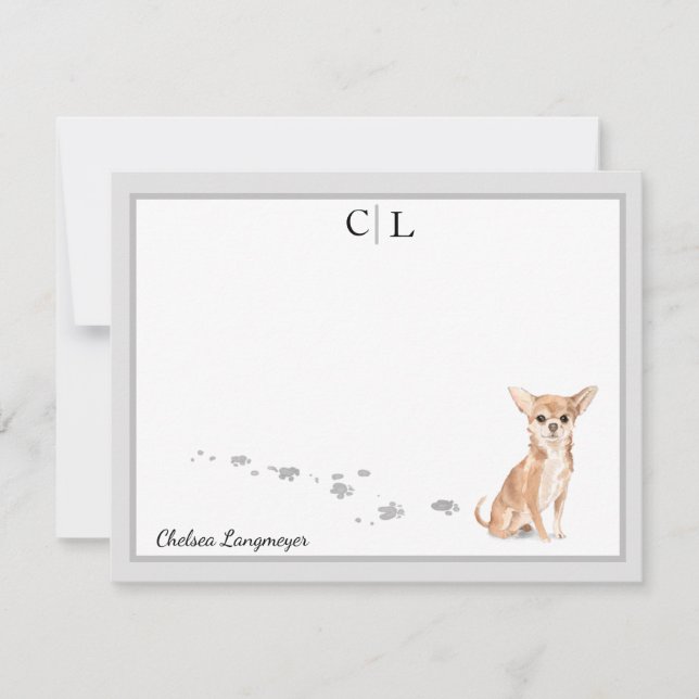 Carte De Correspondance Cute Chihuahua Chien Gris Bordure Monogramme Votre (Devant)
