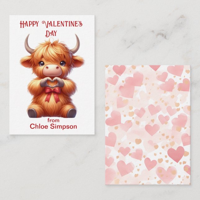 Carte De Correspondance Cute Highland Cow Kid's Valentine Classroom Party (Devant / Derrière)