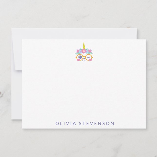 Carte De Correspondance Cute Kawaii Oear Unicorn Face Flower Nom de la Cou (Devant)
