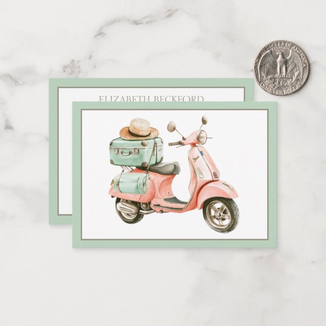 Carte De Correspondance Cute Pink and Aqua Coastal Scooter (Devant/Arrière en situation)