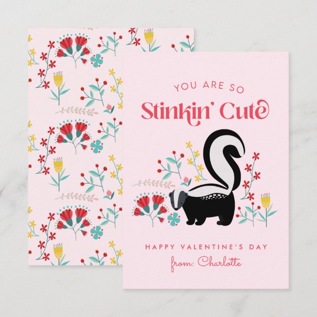Carte De Correspondance Cute Pink Skunk Classroom Valentine (Devant / Derrière)
