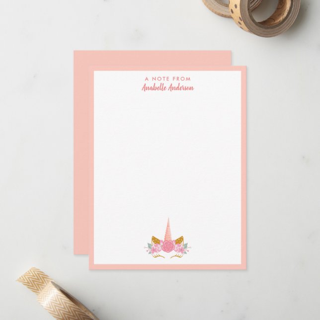Carte De Correspondance Cute Whimsical Blush rose Unicorn (Devant/Arrière en situation)