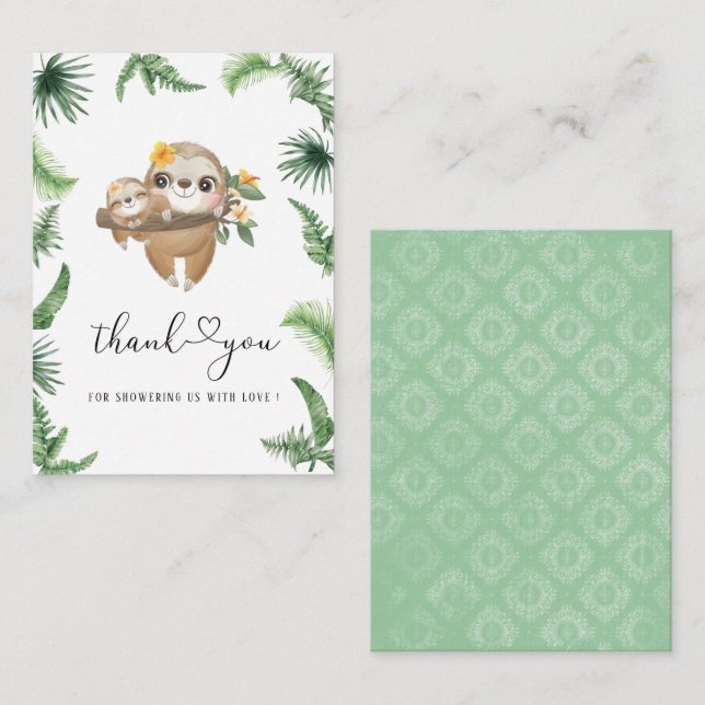 Carte De Correspondance Cutie Sloth Greenery Watercolor baby shower merci (Devant / Derrière)