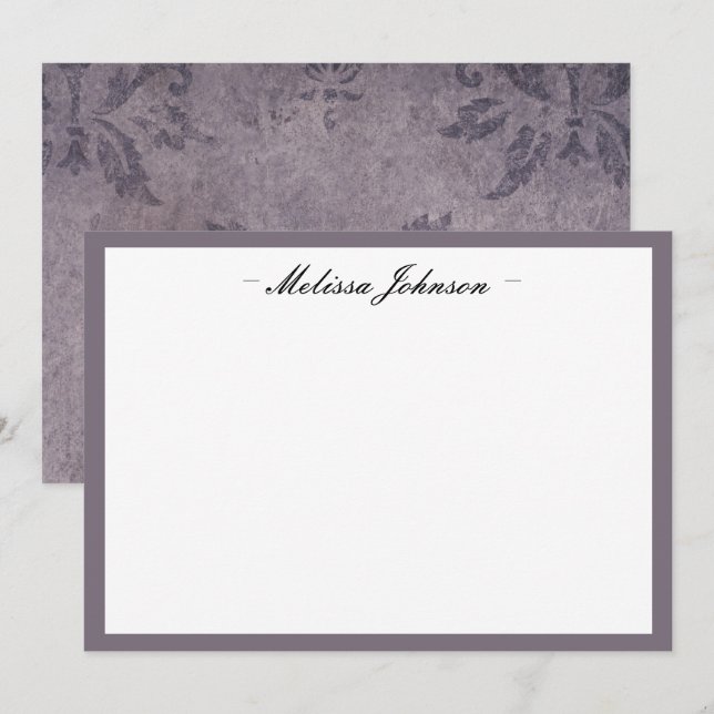 Carte De Correspondance Dark Eggplant Damask Personnalisé (Devant / Derrière)